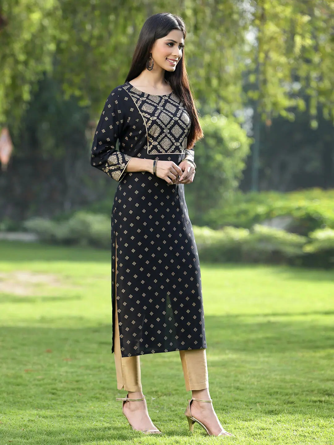 Black Embroidered Flared Kurta - Women's Indian Kurtis Online