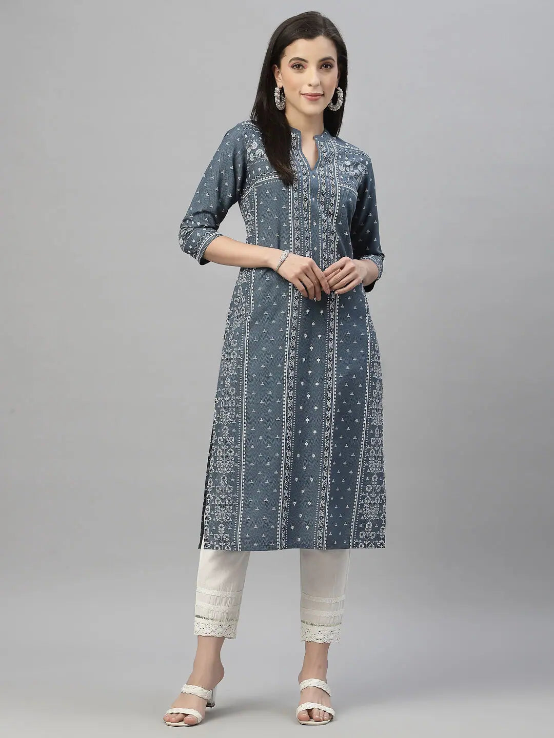 Blue Rayon Printed Indian Kurta - Women's Festive Kurtas