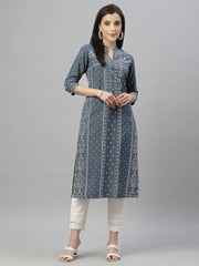 Blue Rayon Festive Placement Print Straight Kurta For Women