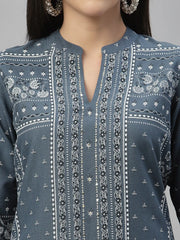 Blue Rayon Festive Placement Print Straight Kurta For Women