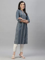 Blue Rayon Festive Placement Print Straight Kurta For Women