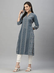 Blue Rayon Festive Placement Print Straight Kurta For Women
