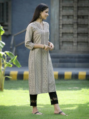 Beige Rayon Festive Placement Print Straight Kurta For Women
