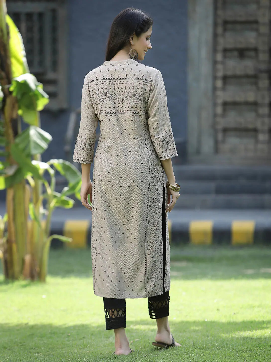 Beige Rayon Printed Kurta - Festive Indian Kurta For Women