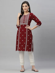 Maroon Rayon Festive Placement Print Side Straight Kurta For Women