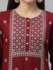Maroon Rayon Festive Placement Print Side Straight Kurta For Women