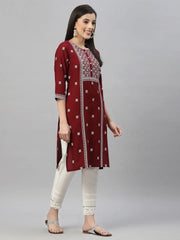 Maroon Rayon Festive Placement Print Side Straight Kurta For Women