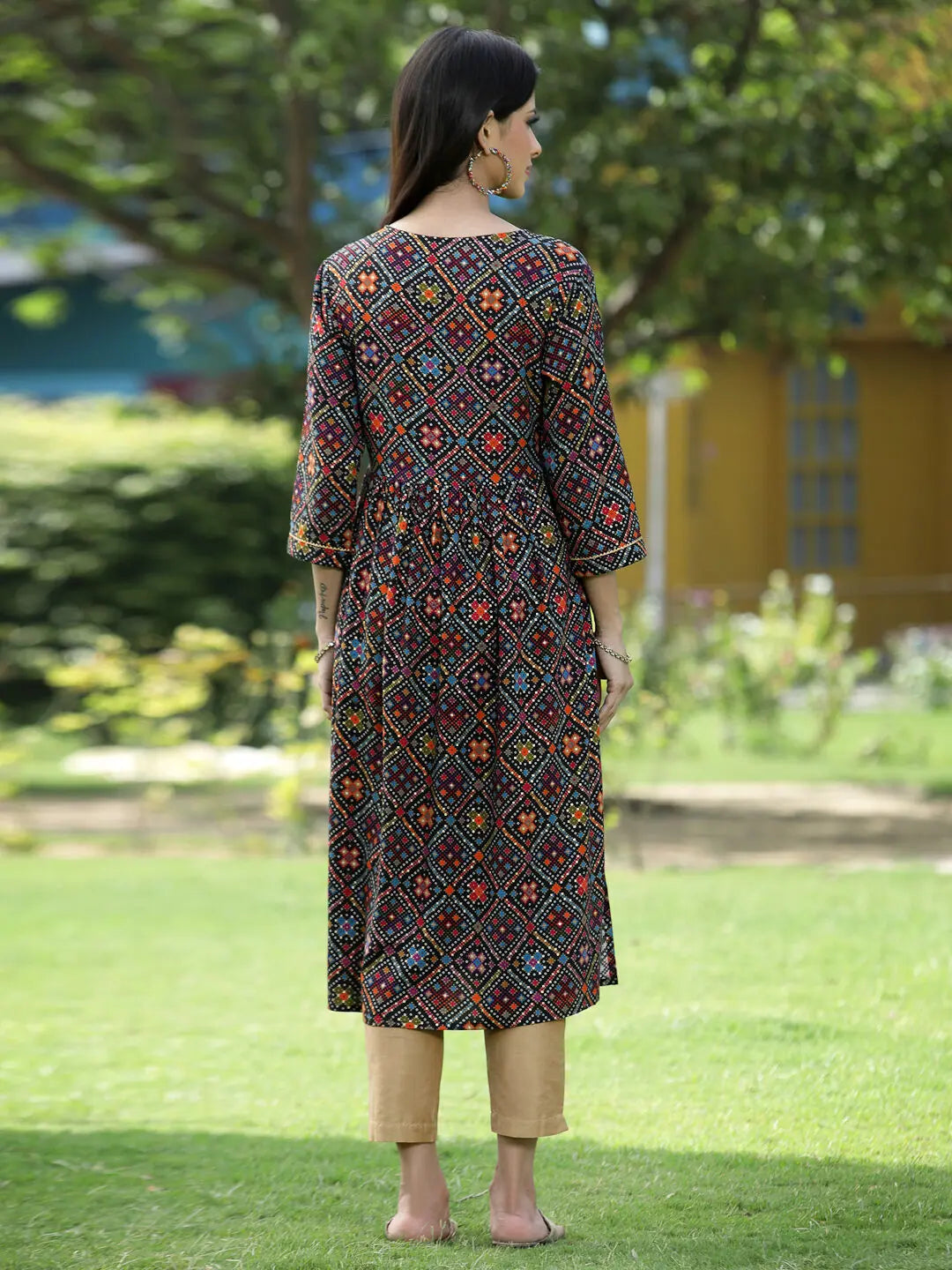Black Printed Flared Kurta - Rayon Indian Kurta for Women