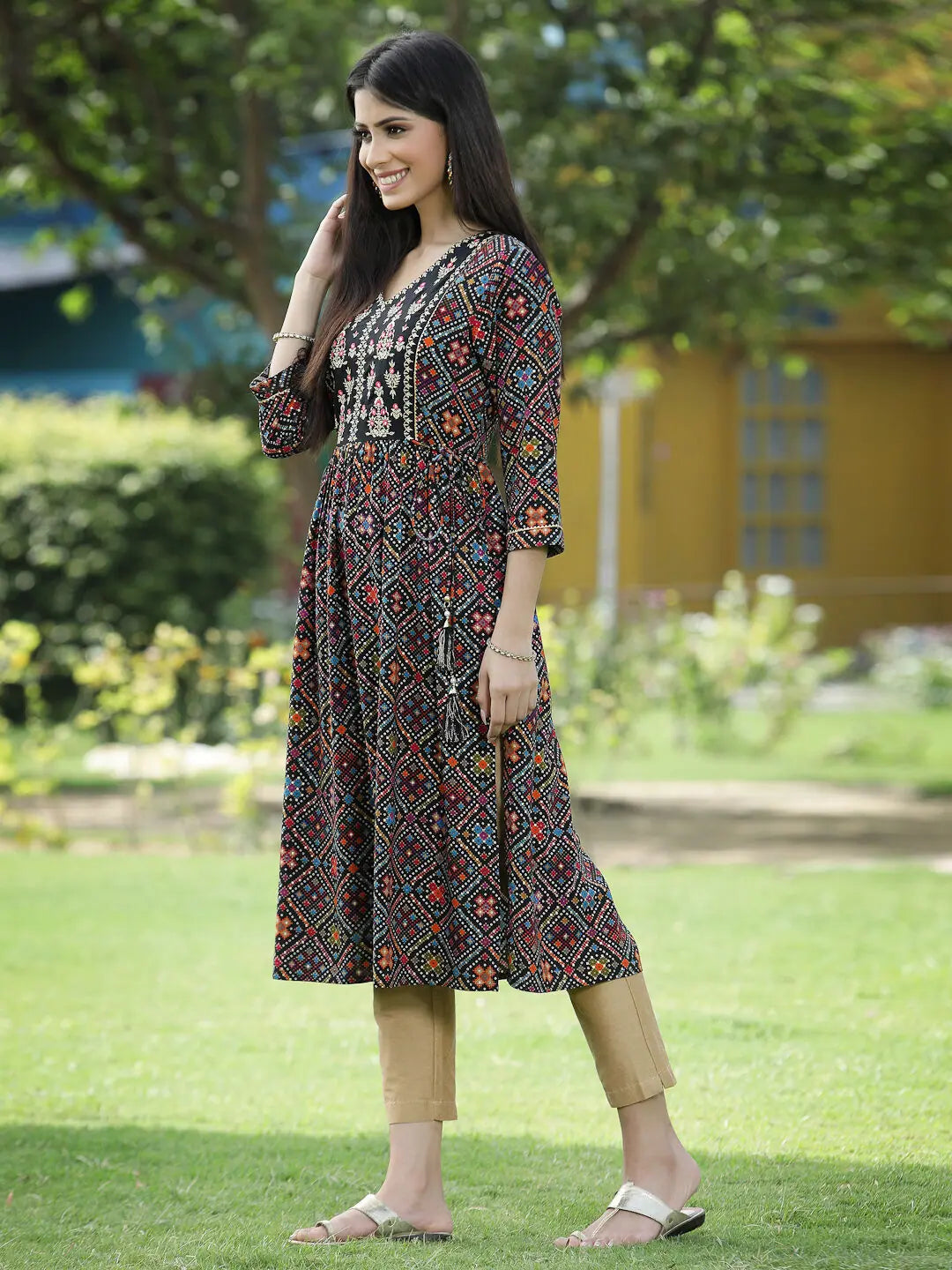 Black Printed Flared Kurta - Rayon Indian Kurta for Women