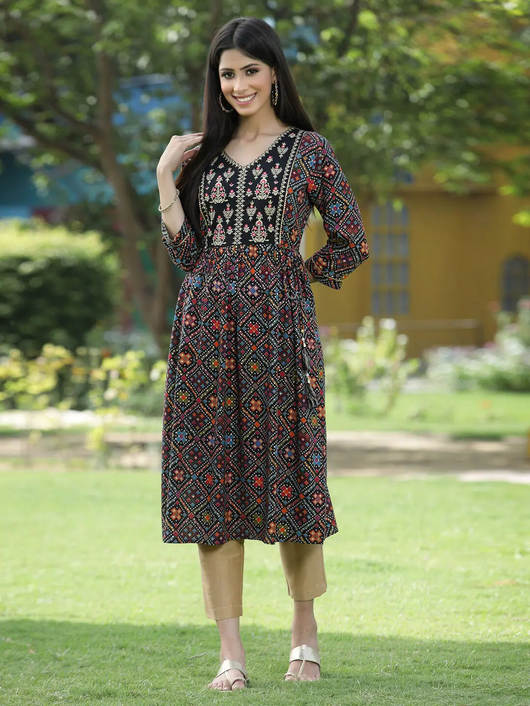 Black Printed Flared Kurta - Rayon Indian Kurta for Women