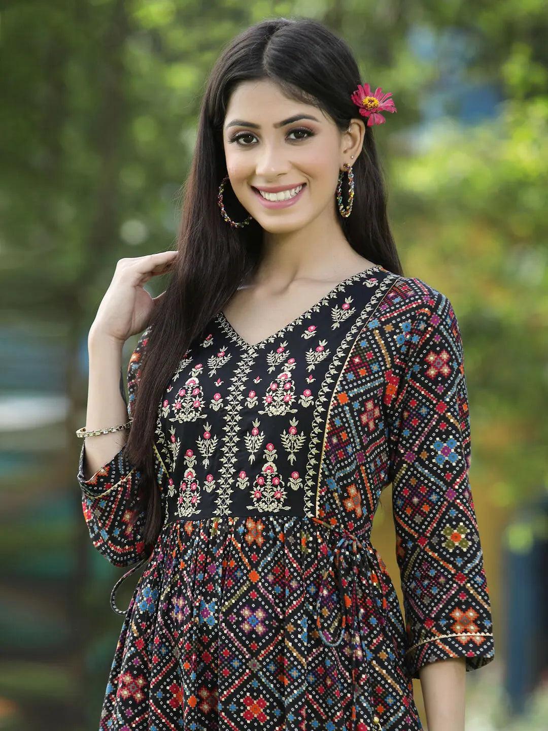 Black Printed Flared Kurta - Rayon Indian Kurta for Women