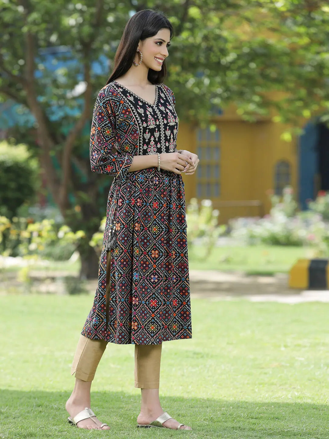 Black Printed Flared Kurta - Rayon Indian Kurta for Women