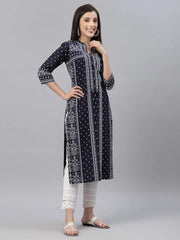 Indigo Rayon Festive Placement Print Straight Kurta For Women