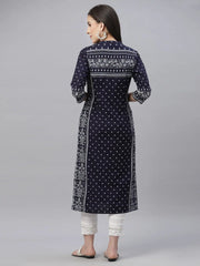 Indigo Rayon Festive Placement Print Straight Kurta For Women