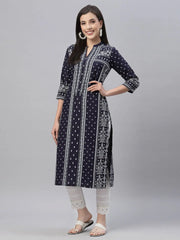 Indigo Rayon Festive Placement Print Straight Kurta For Women