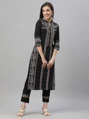 Black Rayon Festive Placement Print Kurta For Women