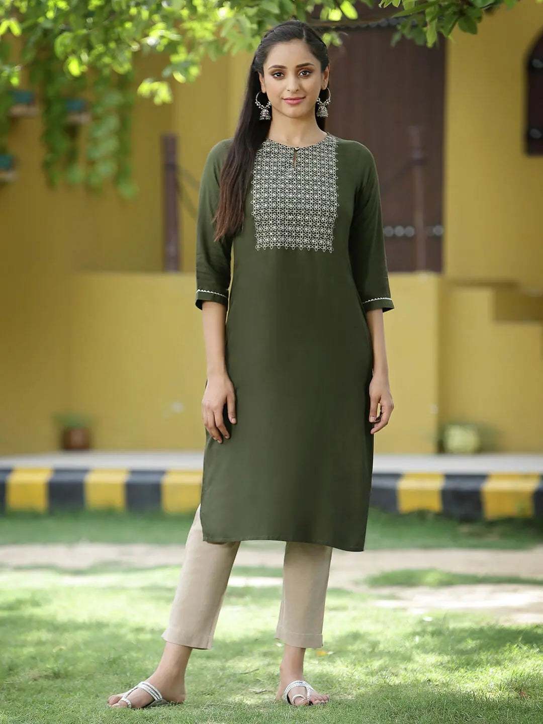 Green Embroidered Kurta | Festive Rayon Indian Kurtas for Women