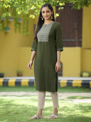 Green Rayon Festive Embroidered Straight Kurta For Women