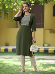 Green Rayon Festive Embroidered Straight Kurta For Women