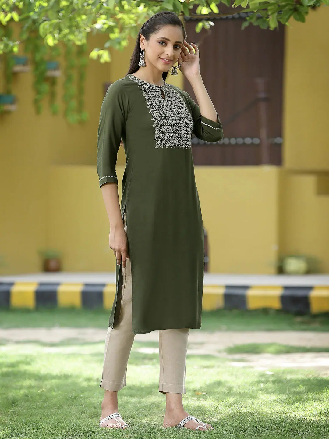 Green Embroidered Kurta | Festive Rayon Indian Kurtas for Women