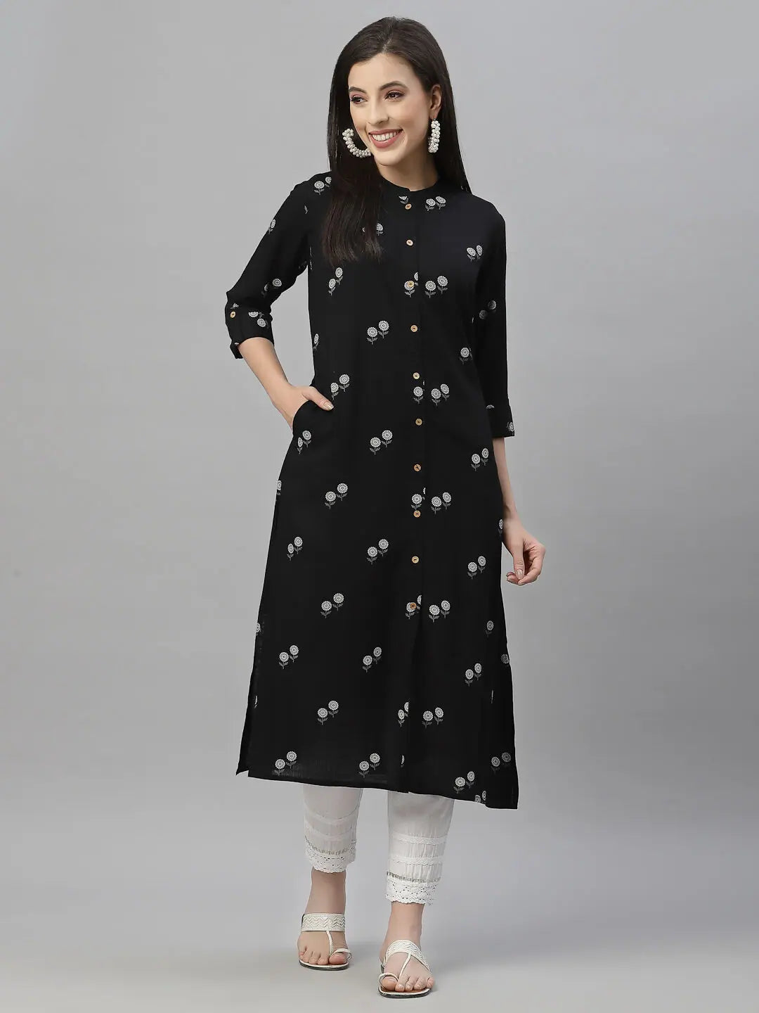 Black Rayon Festive Printed A-Line Kurta For Women