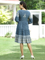 Blue Rayon Festive Printed Tiered Dress For Women