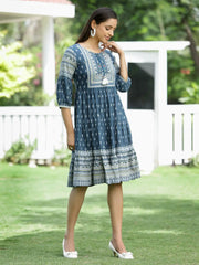 Blue Rayon Festive Printed Tiered Dress For Women