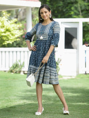 Blue Rayon Festive Printed Tiered Dress For Women