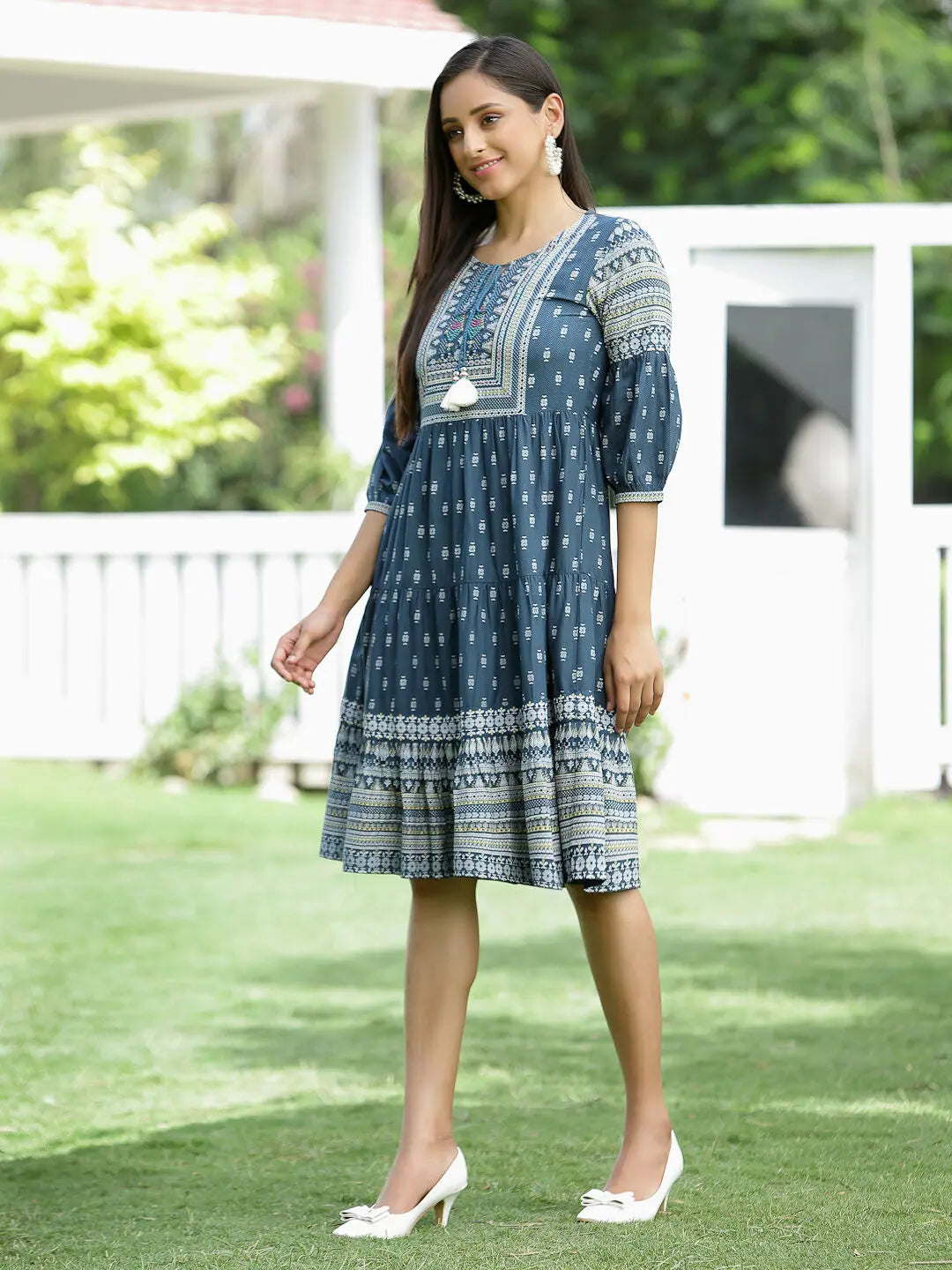 Blue Rayon Printed Dress | Indian Dresses Online for Women