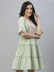 Green Cotton Dobby Festive Embroidered Tiered Dress For Women