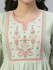 Green Cotton Dobby Festive Embroidered Tiered Dress For Women