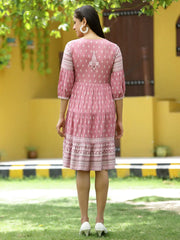 Onion Pink Rayon Festive Printed Tiered Dress For Women