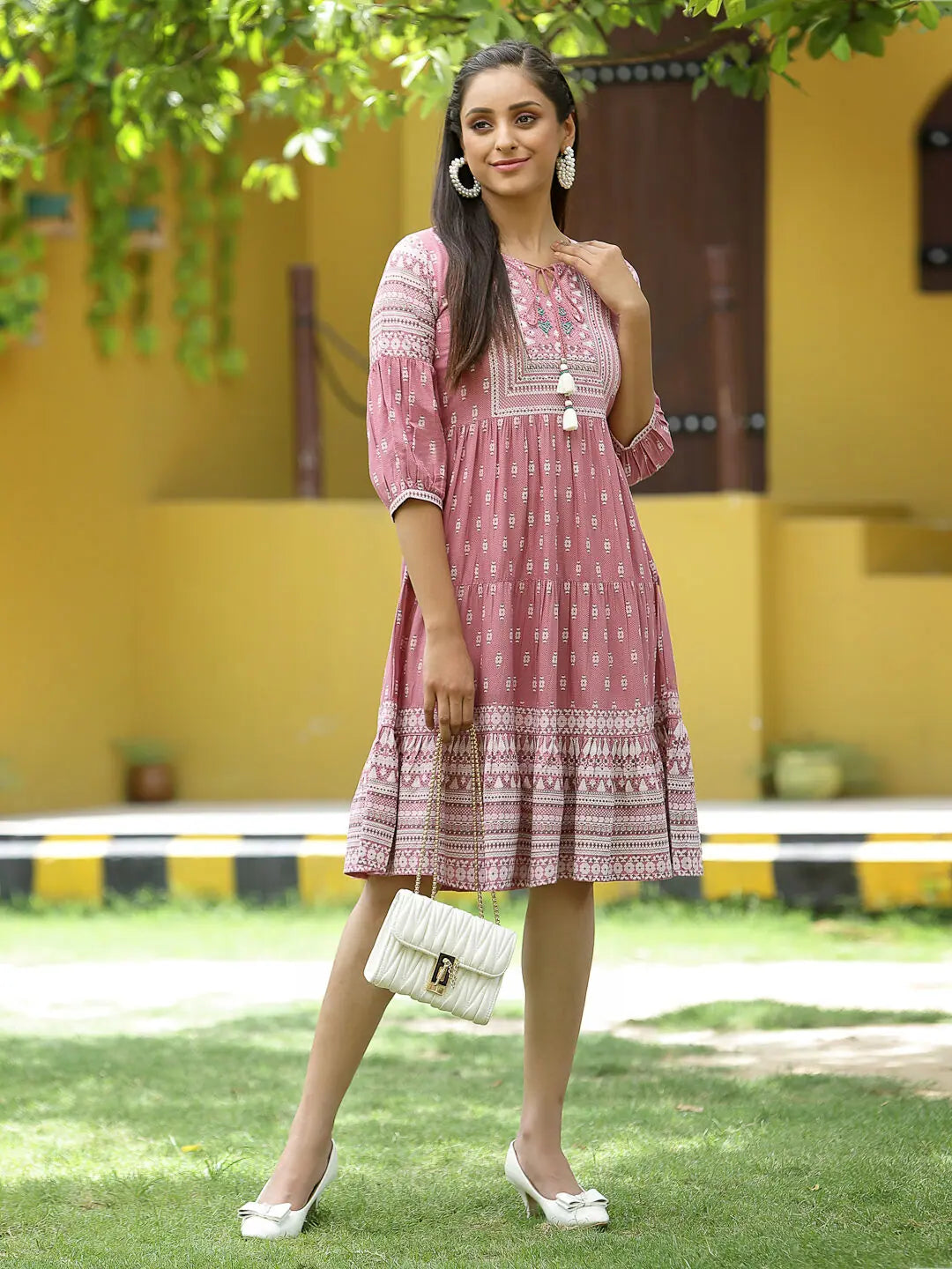 Pink Printed Dress | Indian Cotton Dresses for Women