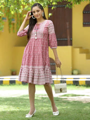 Onion Pink Rayon Festive Printed Tiered Dress For Women