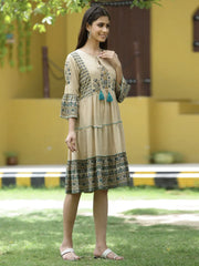 Beige Rayon Casual Wear Printed Tiered Short Dress