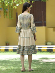 Beige Rayon Casual Wear Printed Tiered Short Dress
