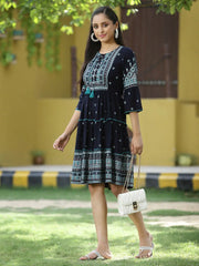 Navy Rayon Festive Printed Tiered Short Dress For Women