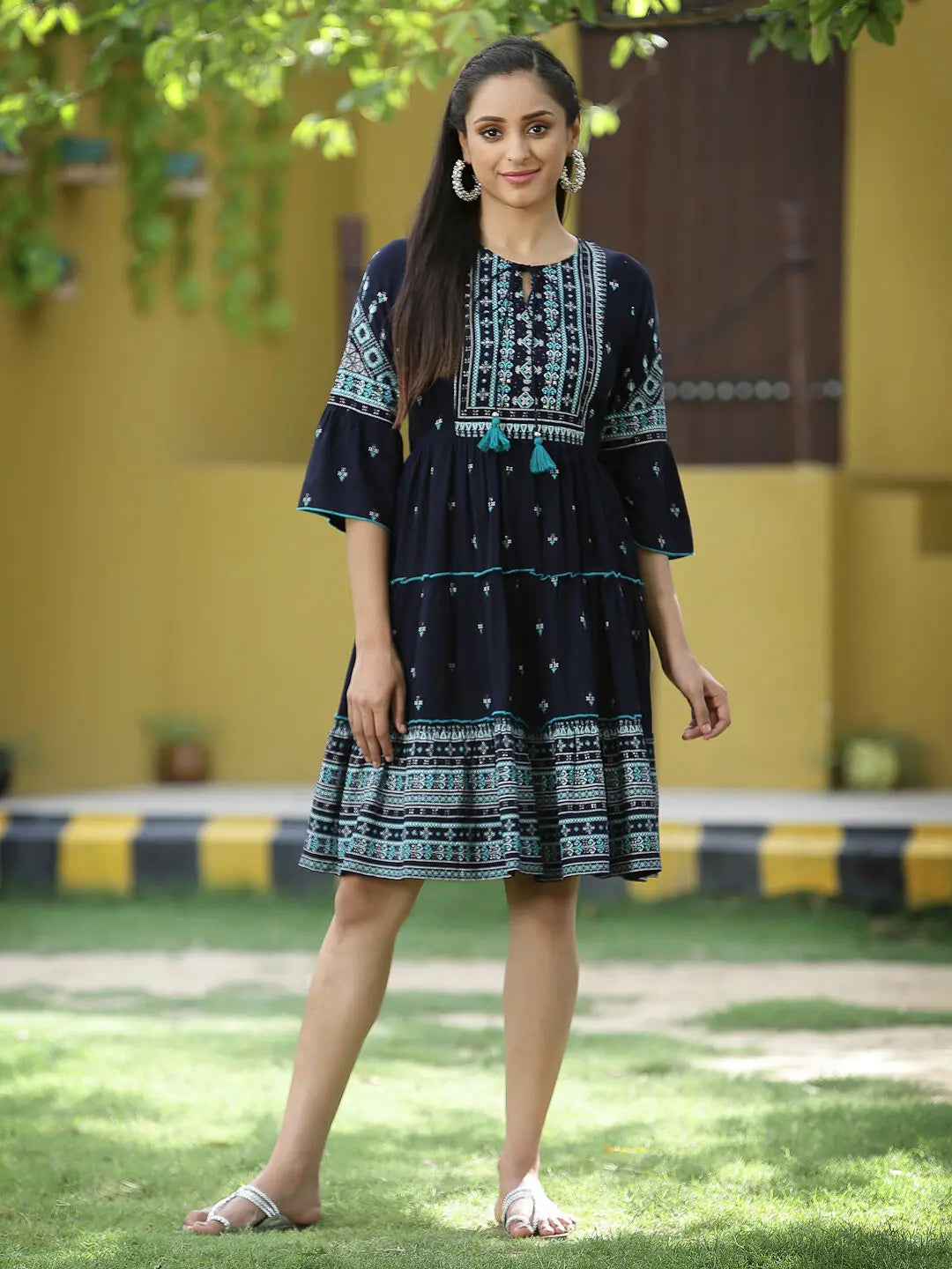 Navy Printed Tiered Dress - Stylish Women's Western Clothing