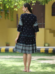 Navy Rayon Festive Printed Tiered Short Dress For Women