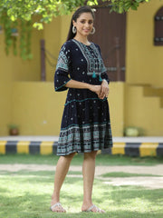 Navy Rayon Festive Printed Tiered Short Dress For Women