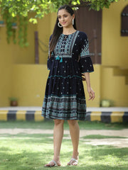 Navy Rayon Festive Printed Tiered Short Dress For Women