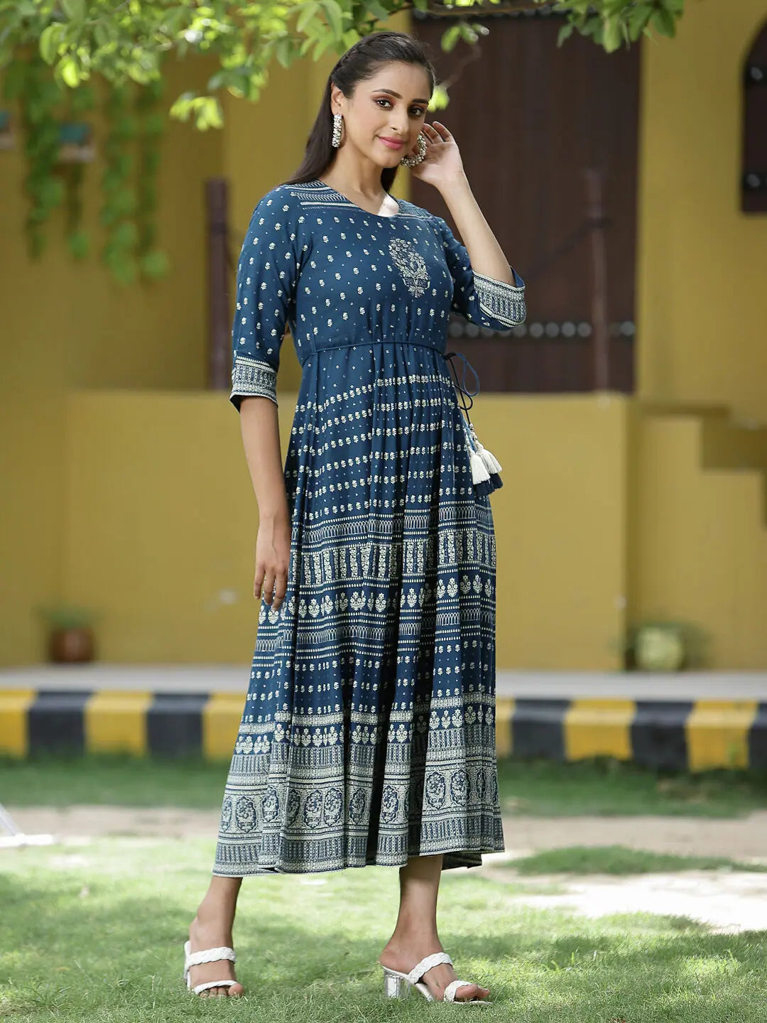 Blue Rayon Festive Printed Flared Dress For Women Blue Rayon Festive Printed Flared Dress For Women