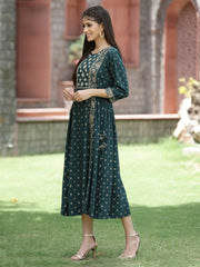 Bottle Green Rayon Festive Printed Embroidered Flared Dress For Women