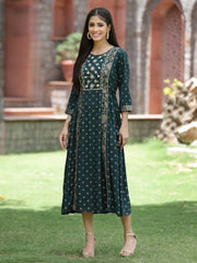 Bottle Green Rayon Festive Printed Embroidered Flared Dress For Women