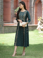 Bottle Green Rayon Festive Printed Embroidered Flared Dress For Women