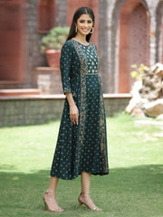 Bottle Green Rayon Festive Printed Embroidered Flared Dress For Women