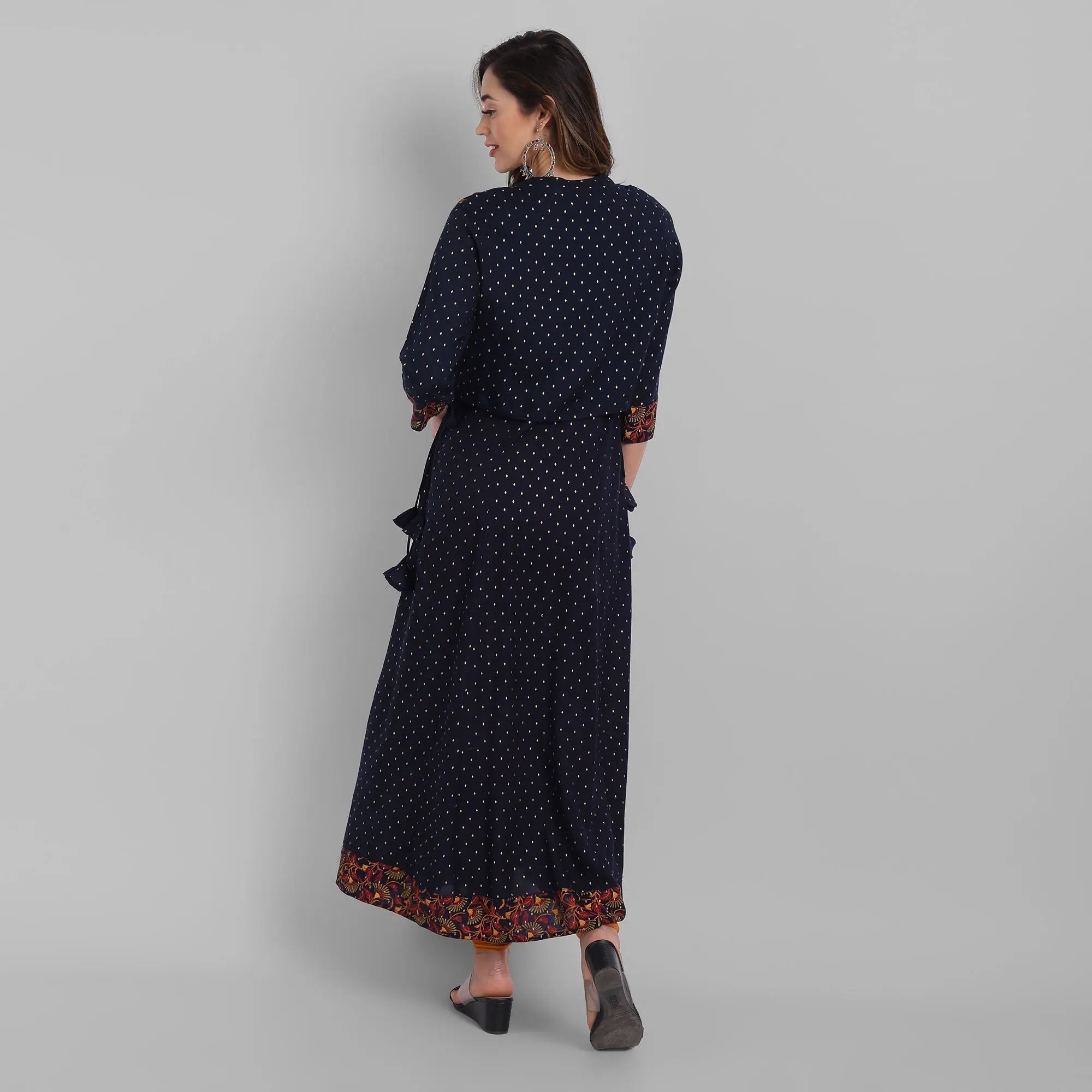 Navy Rayon Printed Flared Dress | Buy Indian Dresses Online