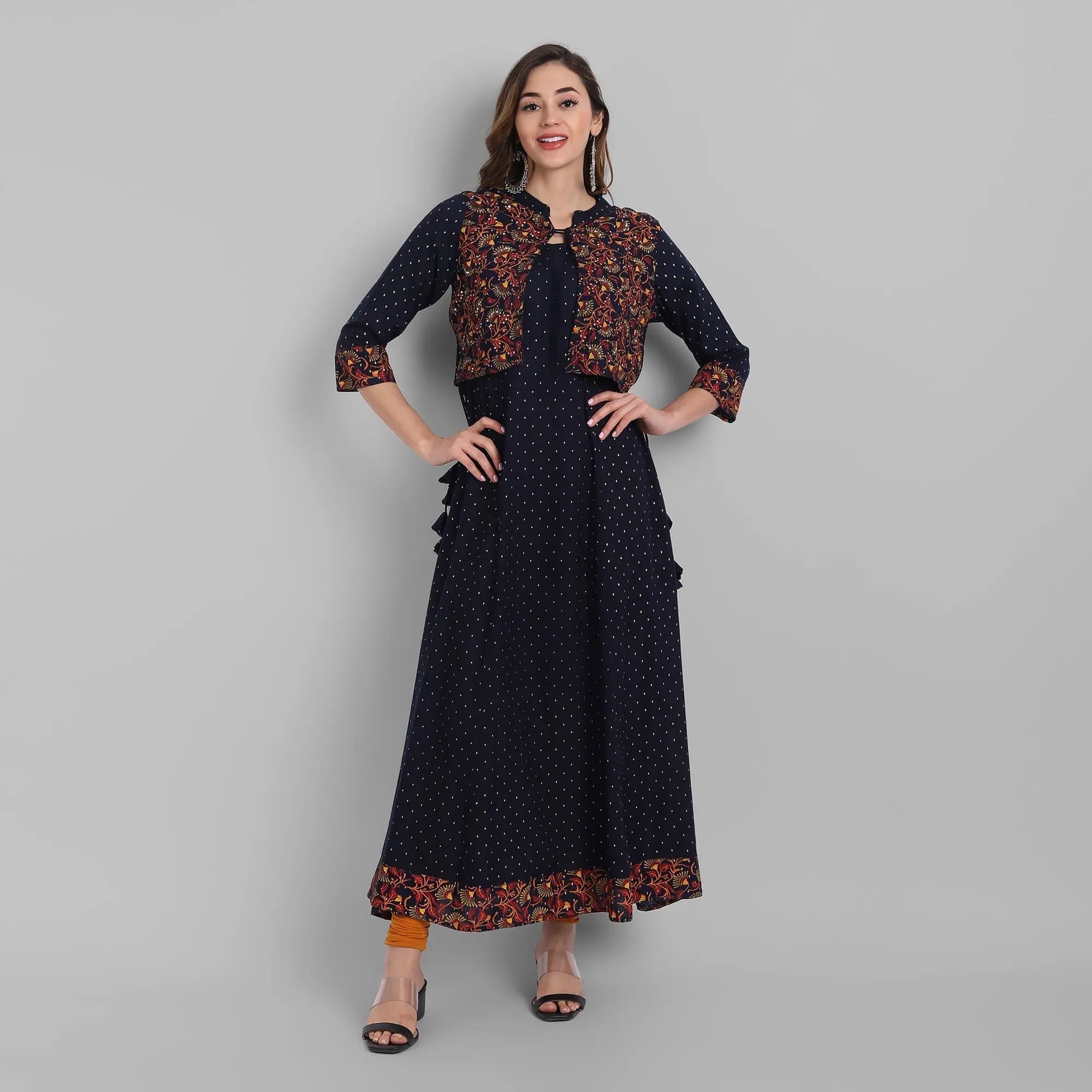Navy Rayon Printed Flared Dress | Buy Indian Dresses Online