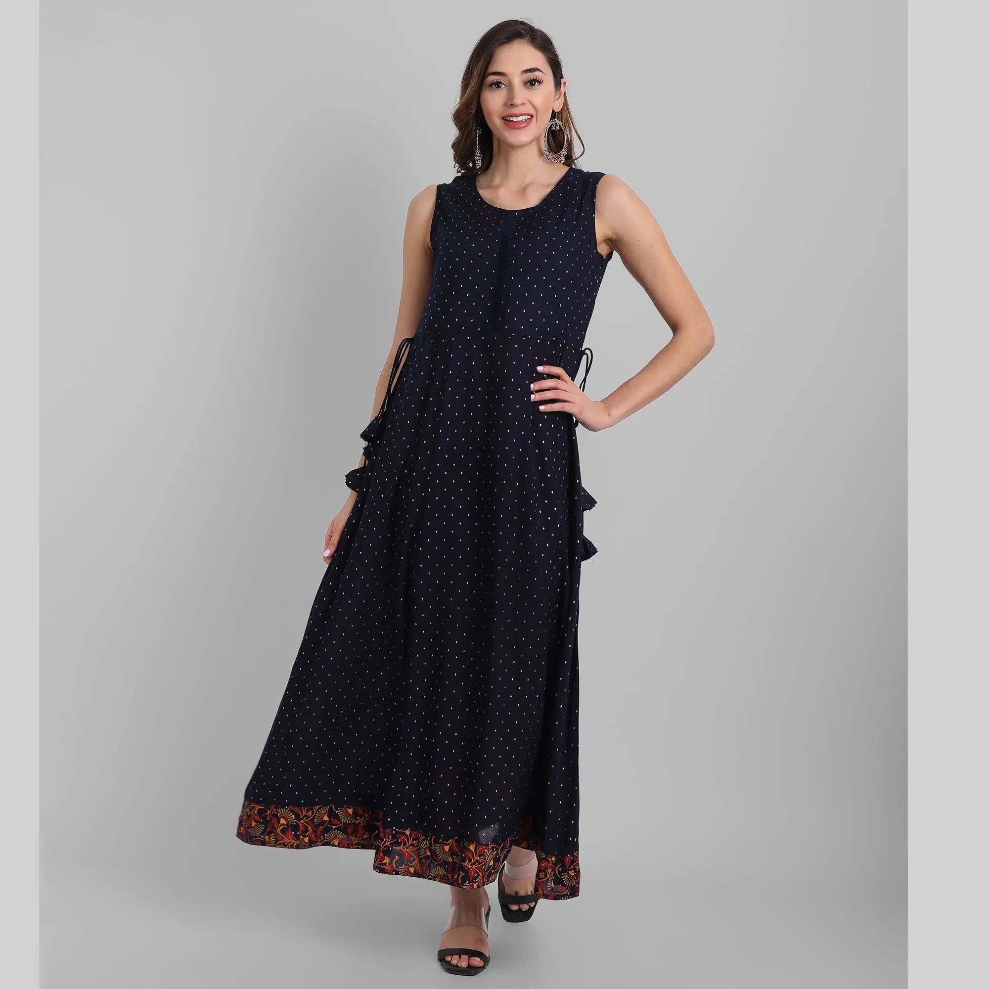 Navy Rayon Printed Flared Dress | Buy Indian Dresses Online