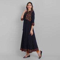 Women's Navy Rayon Designer Printed Flared Dress